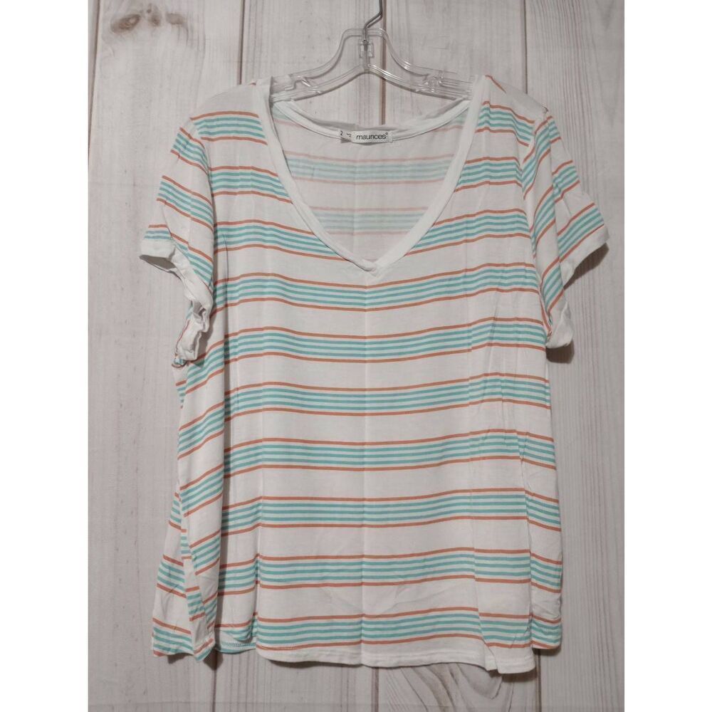 Maurices Shirt Ladies 2x White Aquamarine Short Sleeve V-Neck Comfortable